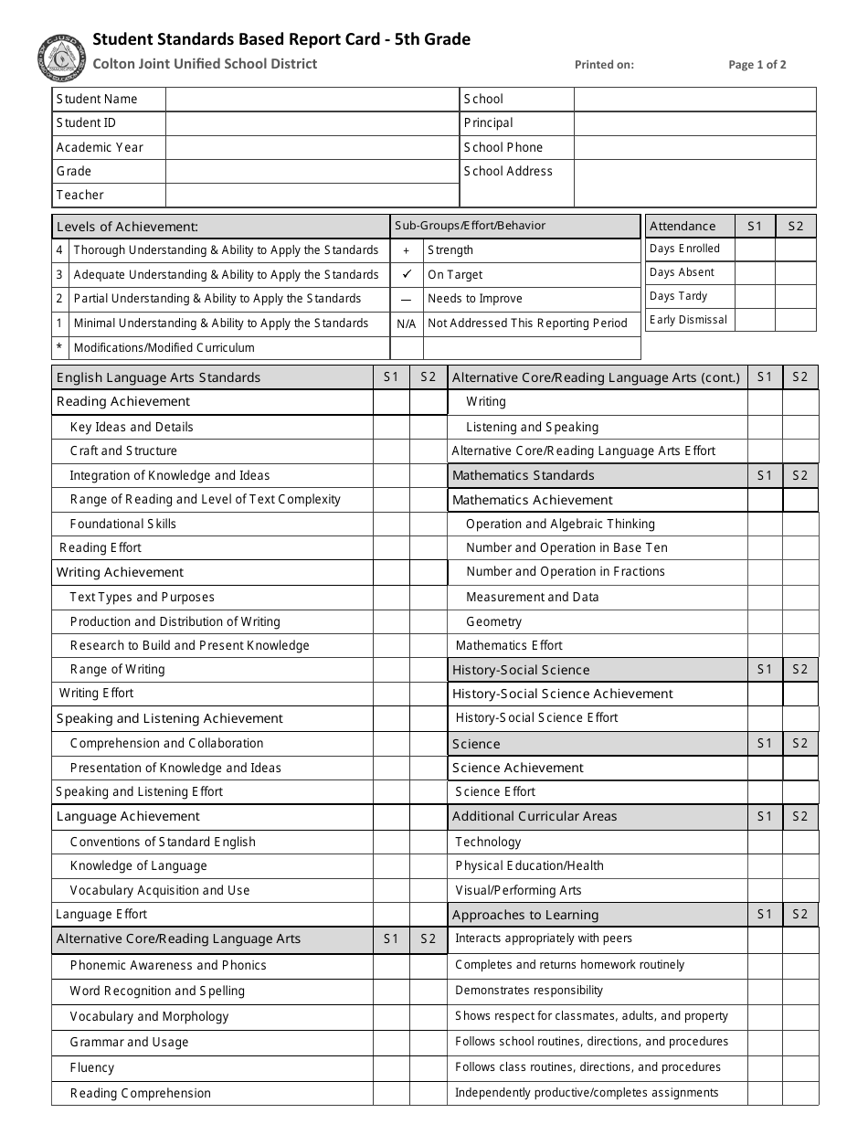 Student Standards Based Report Card - 5th Grade - Colton Joint Unified School District, Page 1