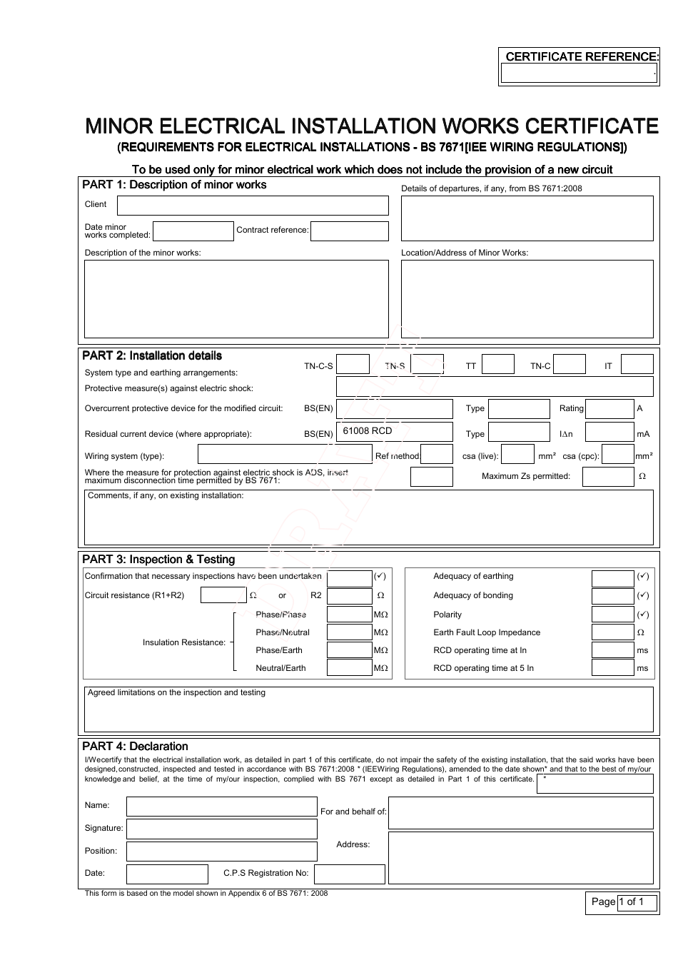 United Kingdom Minor Electrical Installation Works Certificate Within Electrical Installation Test Certificate Template