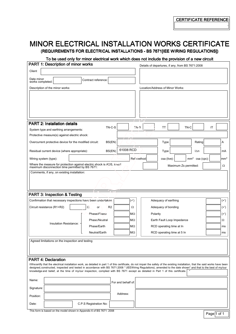 United Kingdom Minor Electrical Installation Works Certificate Template