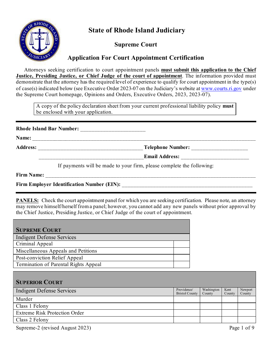 Form Supreme-2 Application for Court Appointment Certification - Rhode Island, Page 1