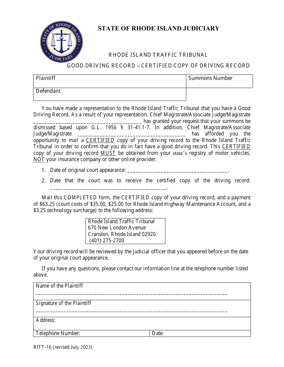 Form RITT16 Download Fillable PDF or Fill Online Good Driving Record