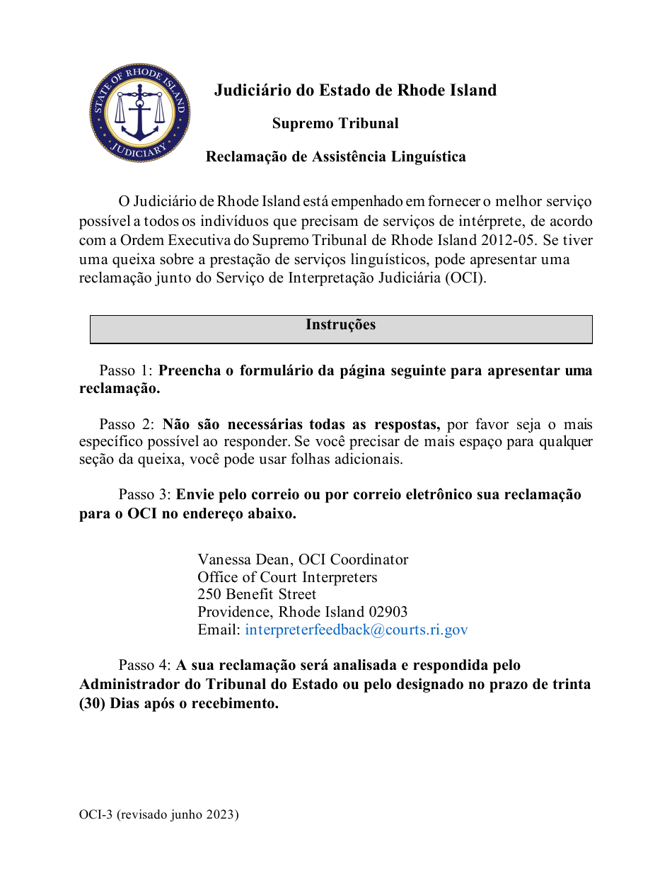 Form OCI-3 Language Assistant Complaint - Rhode Island (Portuguese), Page 1