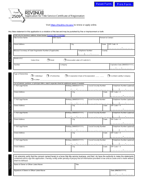 Form 2509 Application for Title Service Certificate of Registration - Missouri