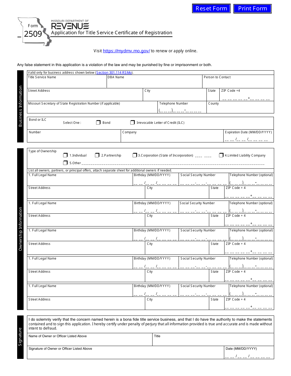 Form 2509 Fill Out Sign Online And Download Fillable PDF Missouri   Form 2509 Application For Title Service Certificate Of Registration Missouri Print Big 