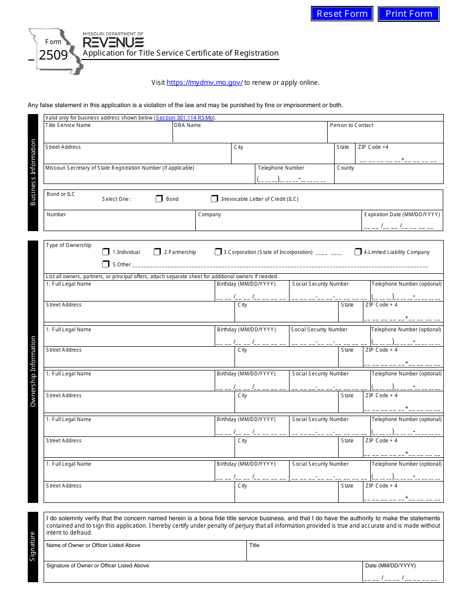 Form 2509 Application for Title Service Certificate of Registration - Missouri, Page 1