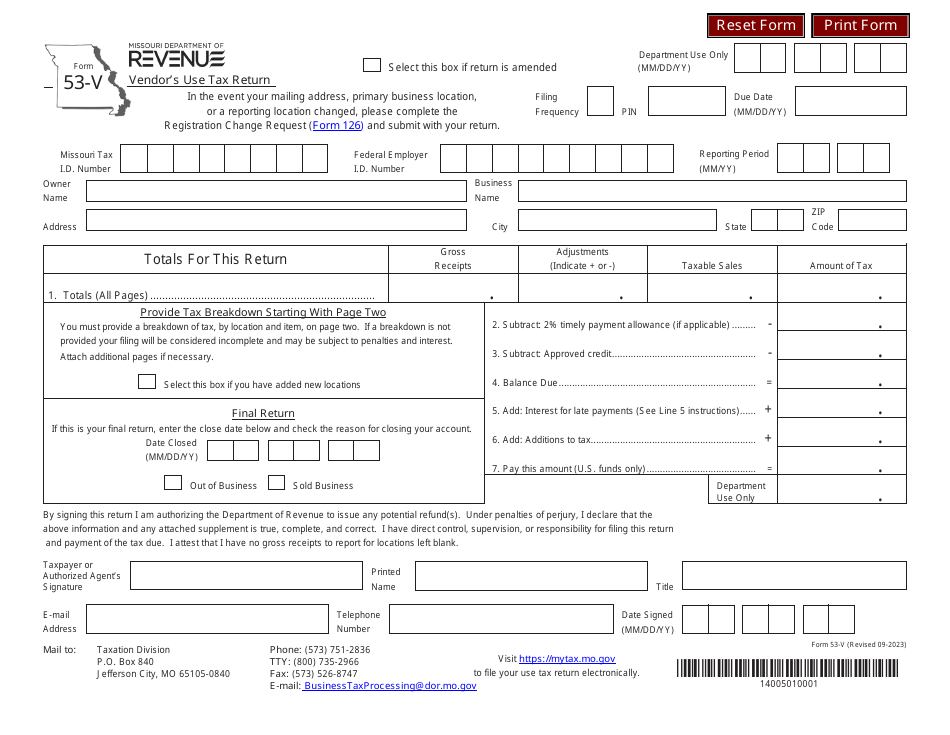 Form 53-V Vendors Use Tax Return - Missouri, Page 1