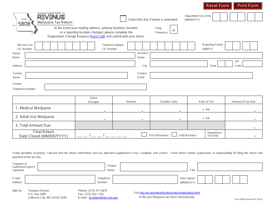 Form 5808 Marijuana Tax Return - Missouri, Page 1