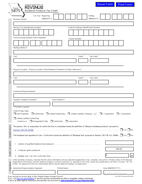 Form 5875 Biodiesel Producer Tax Credit - Missouri