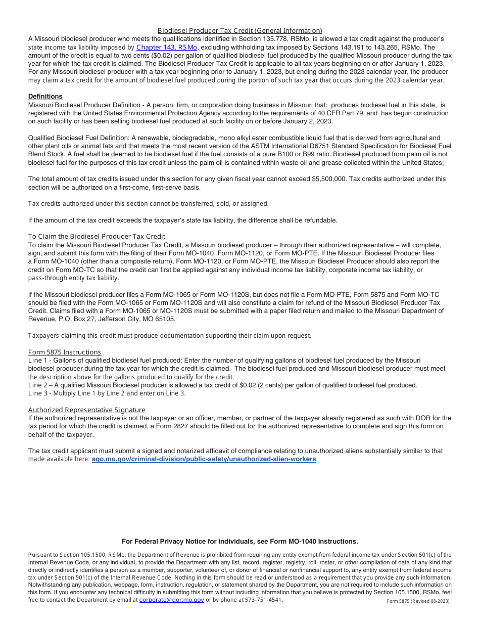 Form 5875 Biodiesel Producer Tax Credit - Missouri, Page 2