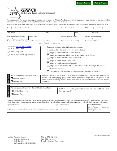 Form 5878 Confidential Taxation Record Request - Missouri