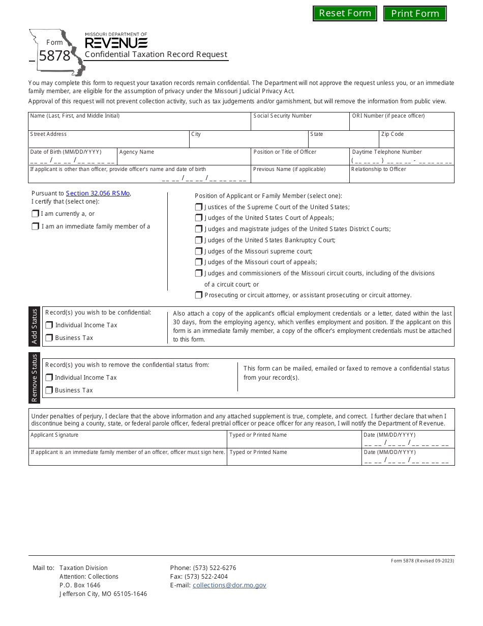 Form 5878 Confidential Taxation Record Request - Missouri, Page 1