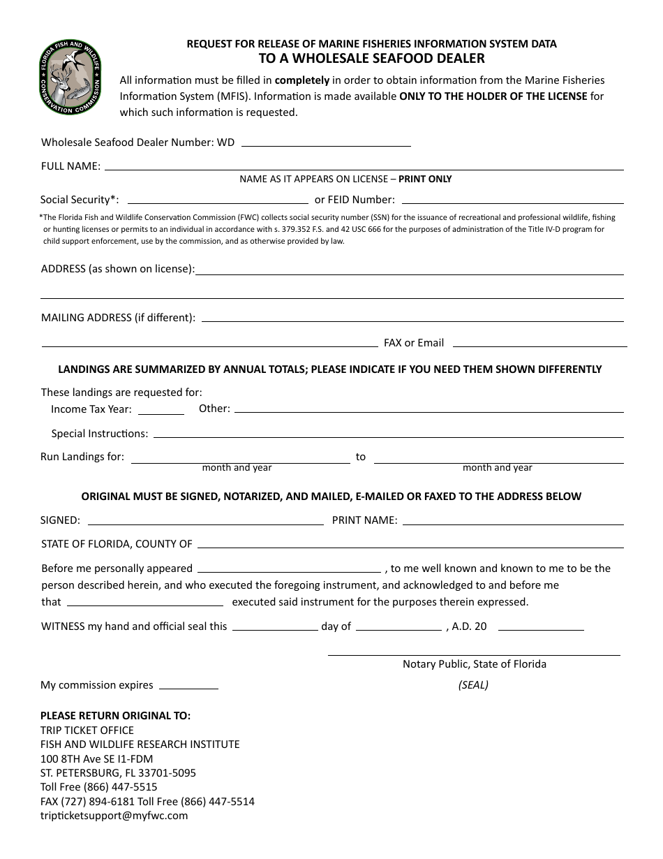 Florida Request for Release of Marine Fisheries Information System Data
