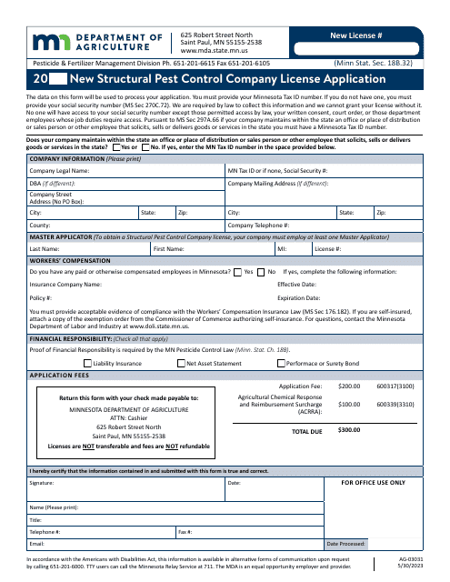 Form AG-03031 New Structural Pest Control Company License Application - Minnesota