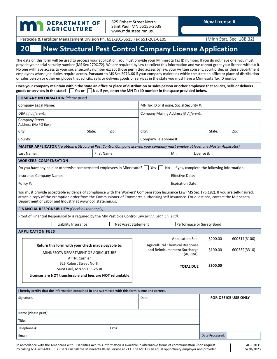 Form AG-03031 New Structural Pest Control Company License Application - Minnesota, Page 1