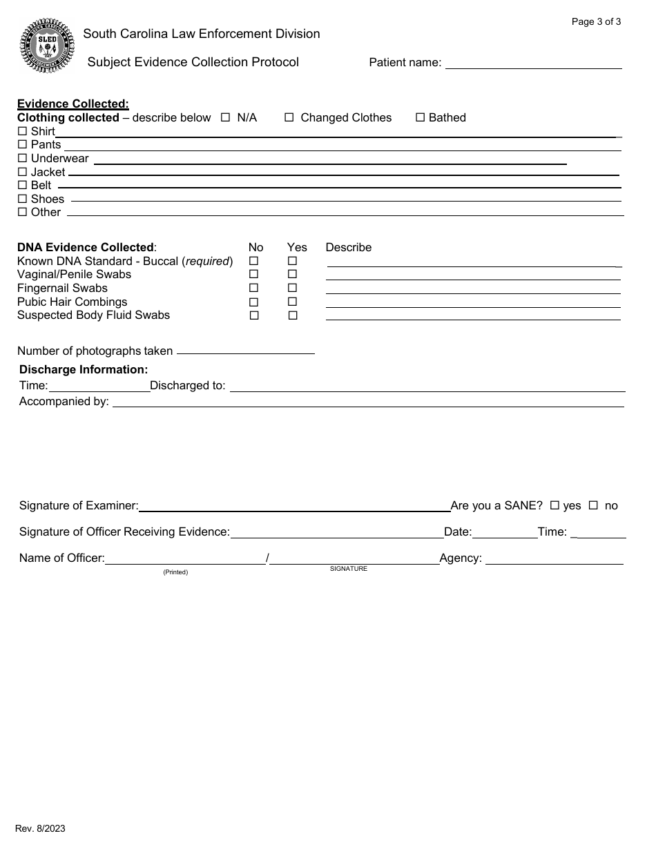 Subject Evidence Collection Protocol - South Carolina, Page 3