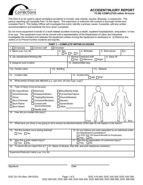Form DOC03-133 Accident/Injury Report - Washington