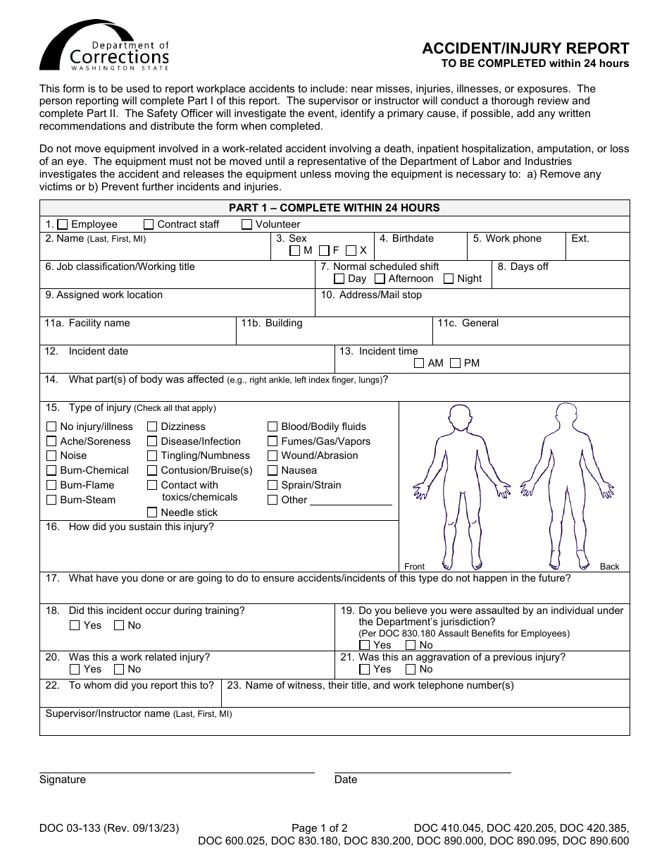 Form DOC03-133 Accident / Injury Report - Washington, Page 1