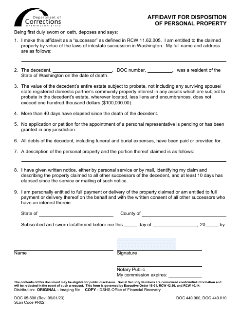 Form DOC05-698 Affidavit for Disposition of Personal Property - Washington