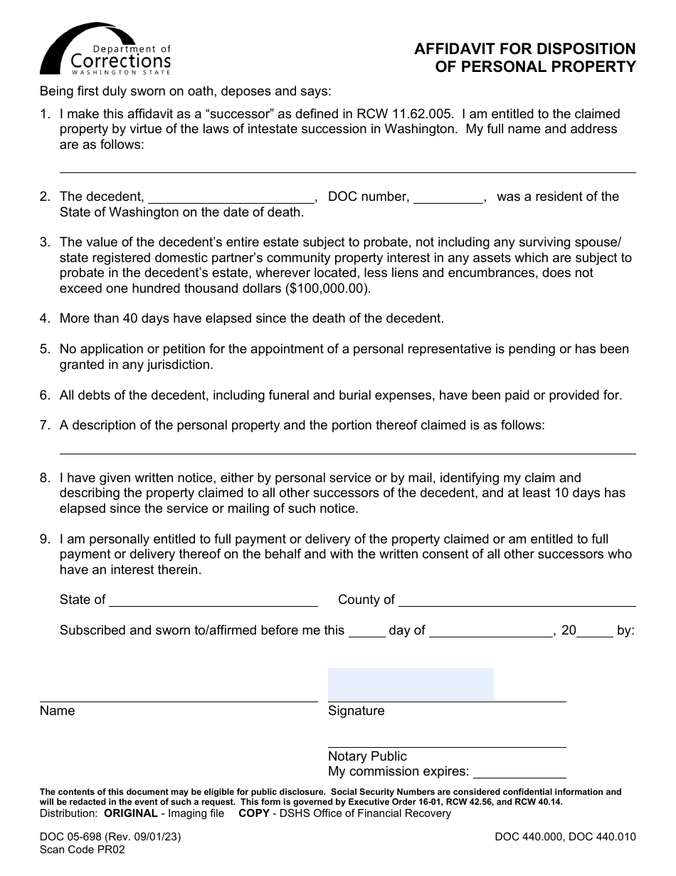 Form DOC05-698 Affidavit for Disposition of Personal Property - Washington, Page 1