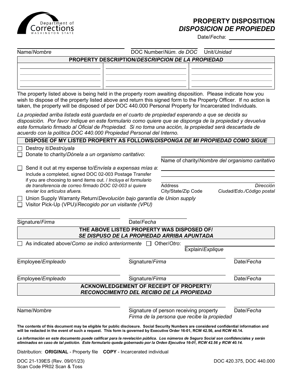 Form DOC21-139ES Property Disposition - Washington (English / Spanish), Page 1