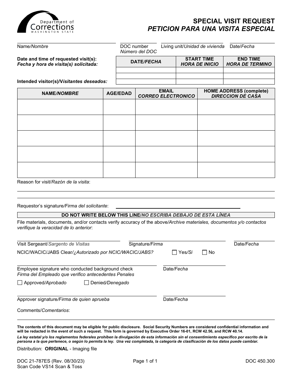 Form DOC21-787ES Special Visit Request - Washington (English / Spanish), Page 1