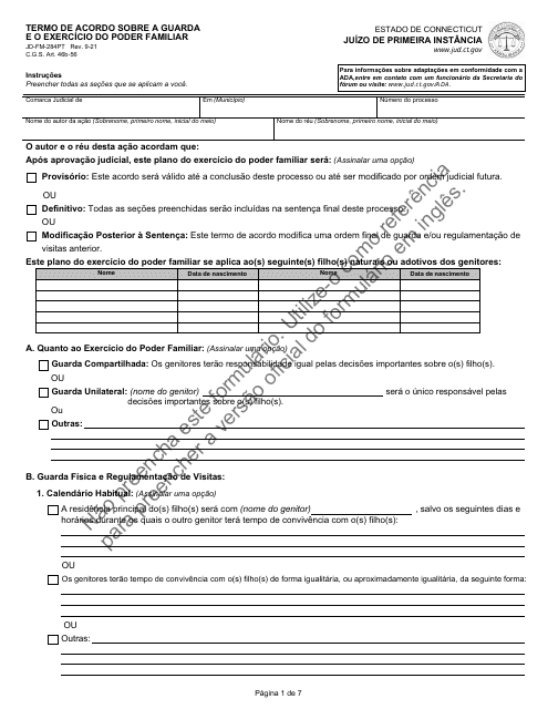 Form JD-FM-284PT Custody Agreement and Parenting Plan - Connecticut (Portuguese)