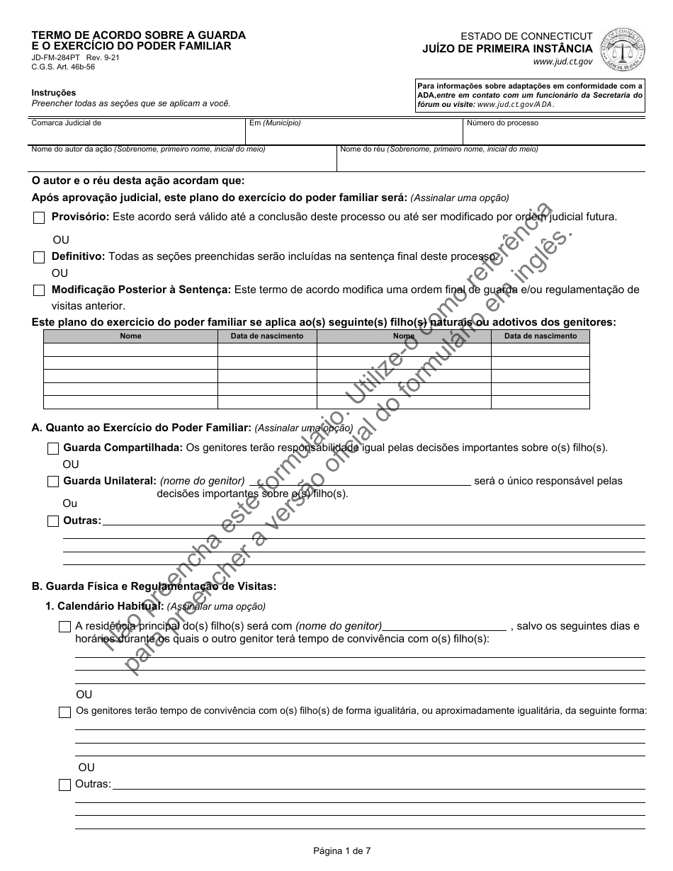 Form JD-FM-284PT Custody Agreement and Parenting Plan - Connecticut (Portuguese), Page 1