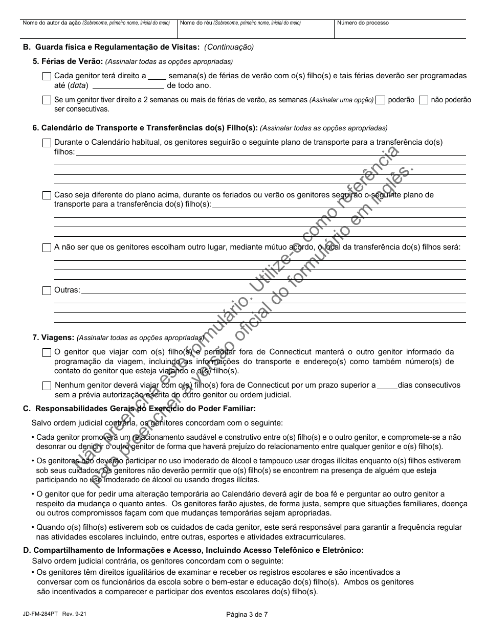 Form JD-FM-284PT Custody Agreement and Parenting Plan - Connecticut (Portuguese), Page 3