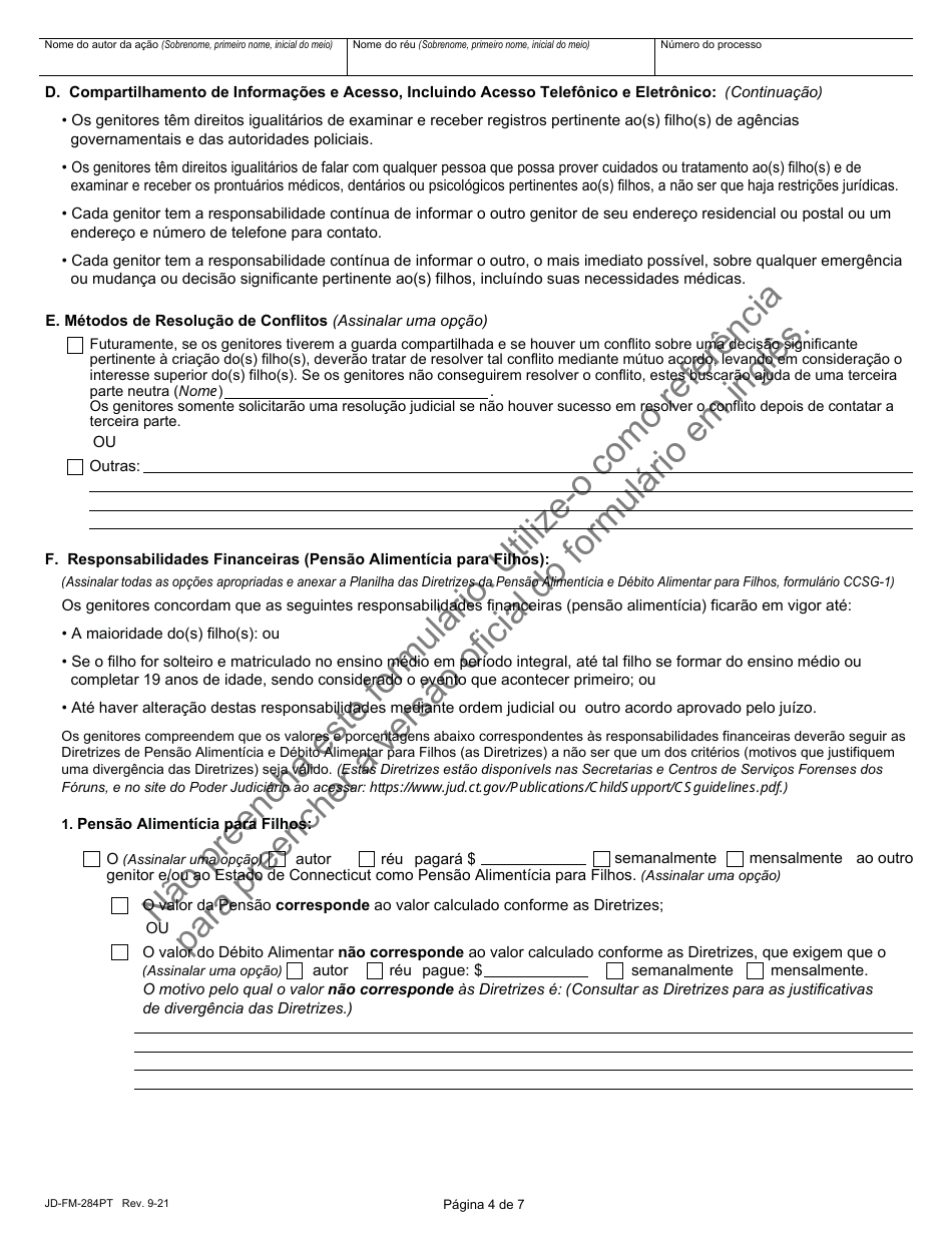 Form JD-FM-284PT Custody Agreement and Parenting Plan - Connecticut (Portuguese), Page 4