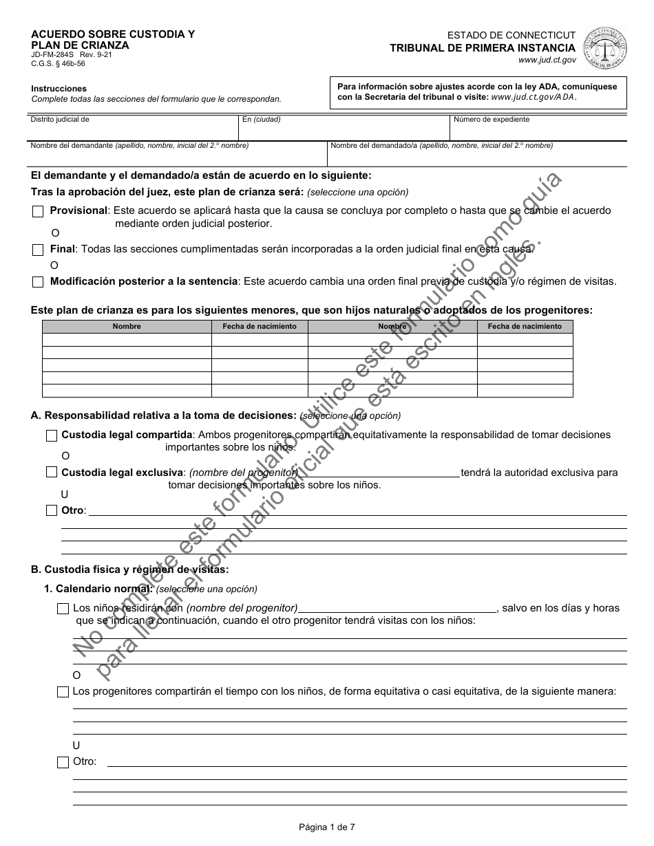 Formulario JD-FM-284S Acuerdo Sobre Custodia Y Plan De Crianza - Connecticut (Spanish), Page 1