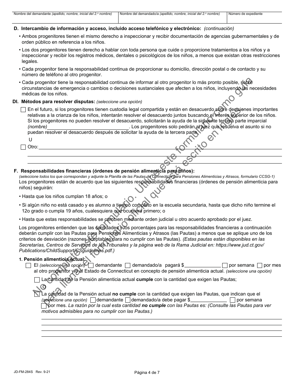Formulario JD-FM-284S Acuerdo Sobre Custodia Y Plan De Crianza - Connecticut (Spanish), Page 4