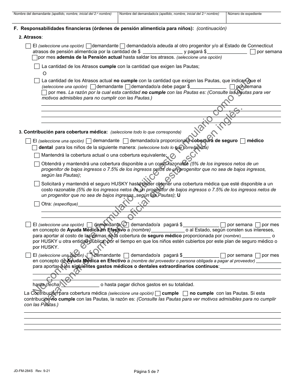 Formulario JD-FM-284S Acuerdo Sobre Custodia Y Plan De Crianza - Connecticut (Spanish), Page 5