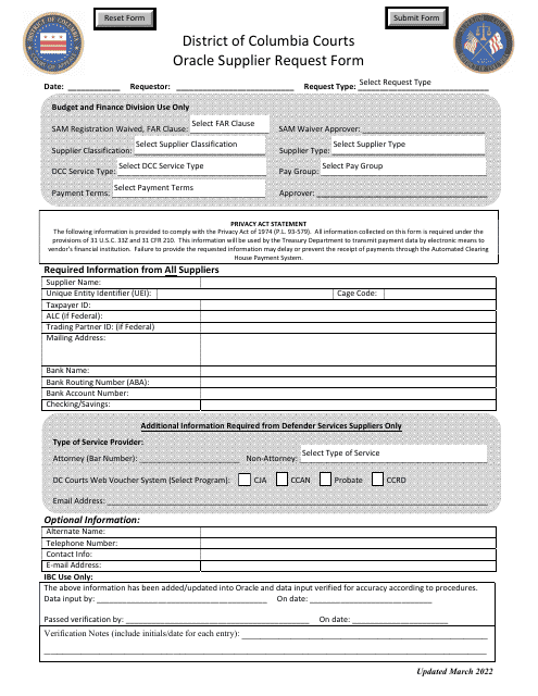 Oracle Supplier Request Form - Washington, D.C.