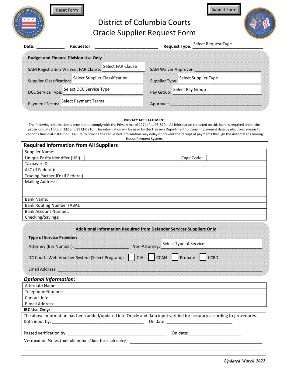 Oracle Supplier Request Form - Washington, D.C., Page 1