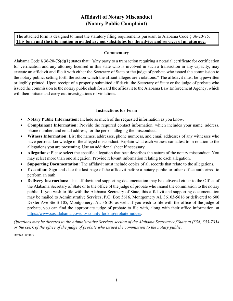 Affidavit of Notary Misconduct (Notary Public Complaint) - Alabama, Page 1