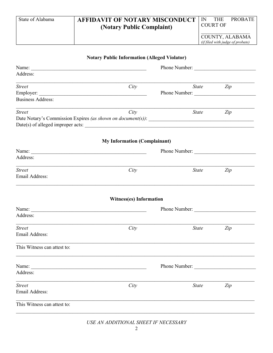 Affidavit of Notary Misconduct (Notary Public Complaint) - Alabama, Page 2