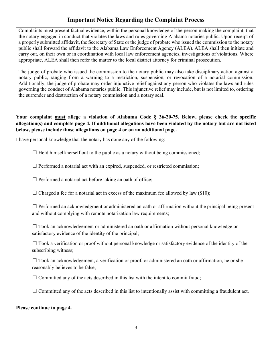 Affidavit of Notary Misconduct (Notary Public Complaint) - Alabama, Page 3