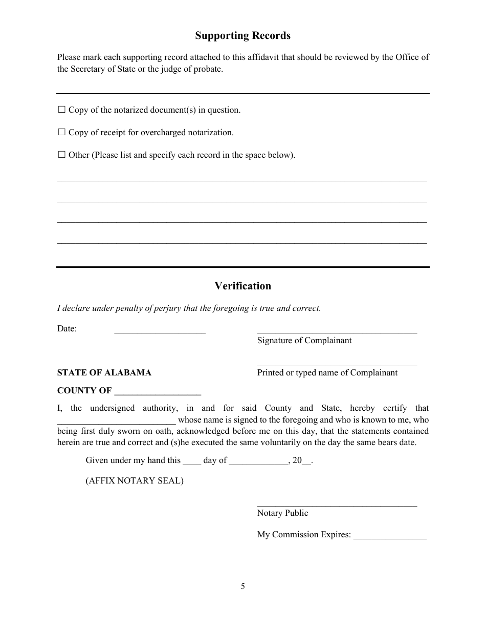 Affidavit of Notary Misconduct (Notary Public Complaint) - Alabama, Page 5