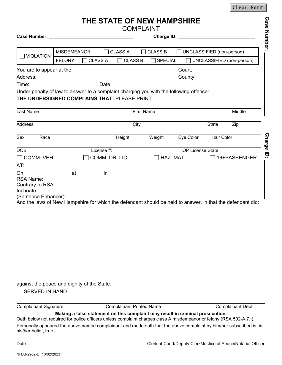 Form NHJB-2962-D Criminal Complaint - New Hampshire, Page 1
