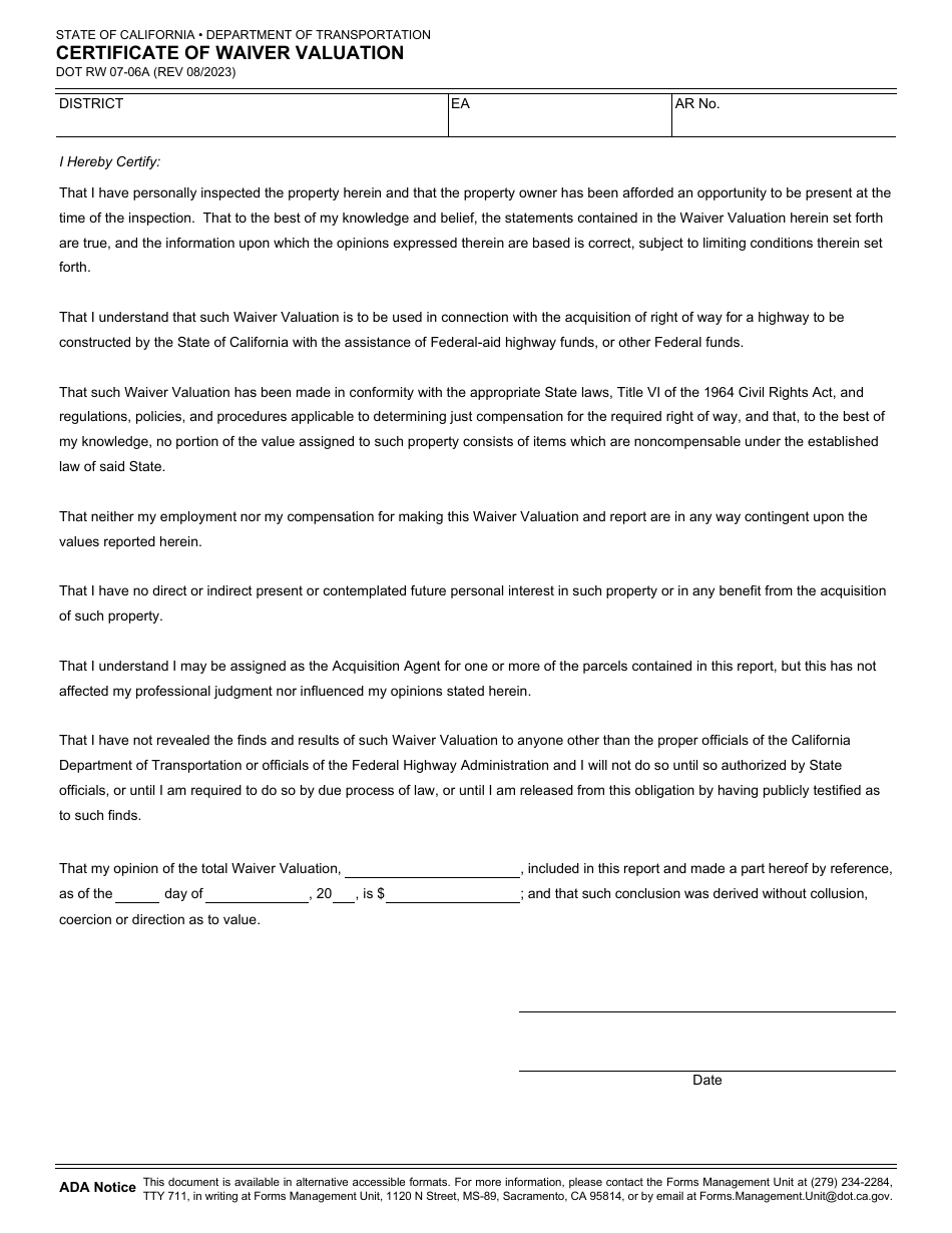 Form RW07-06A Certificate of Waiver Valuation - California, Page 1