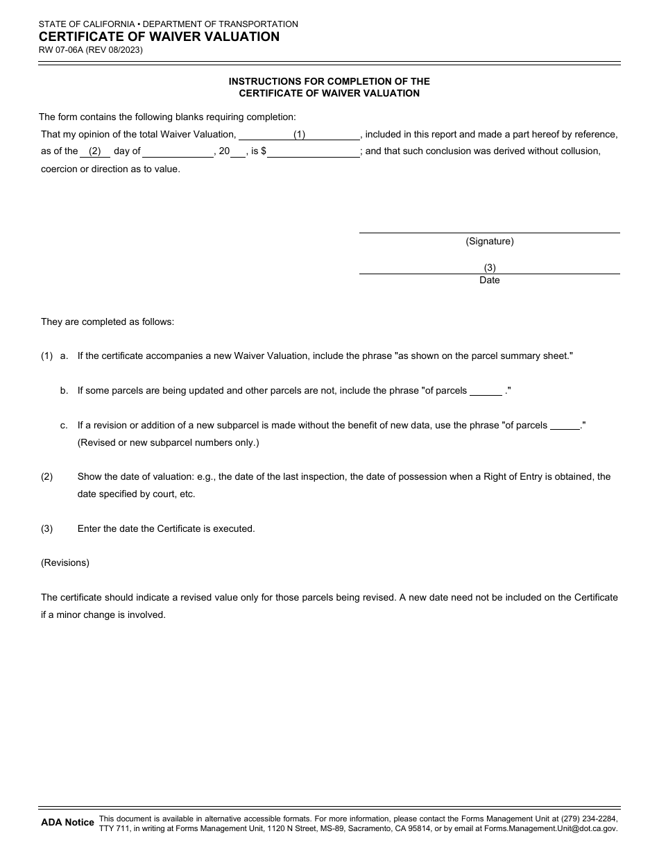 Form RW07-06A Download Fillable PDF or Fill Online Certificate of ...