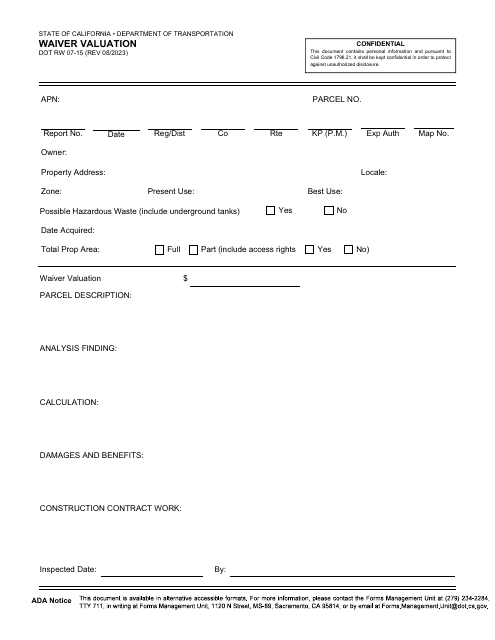 Form RW07-15  Printable Pdf