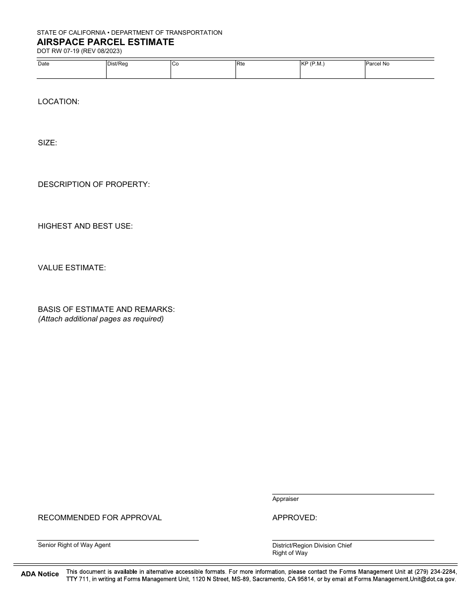 Form RW07-19 Airspace Parcel Estimate - California, Page 1