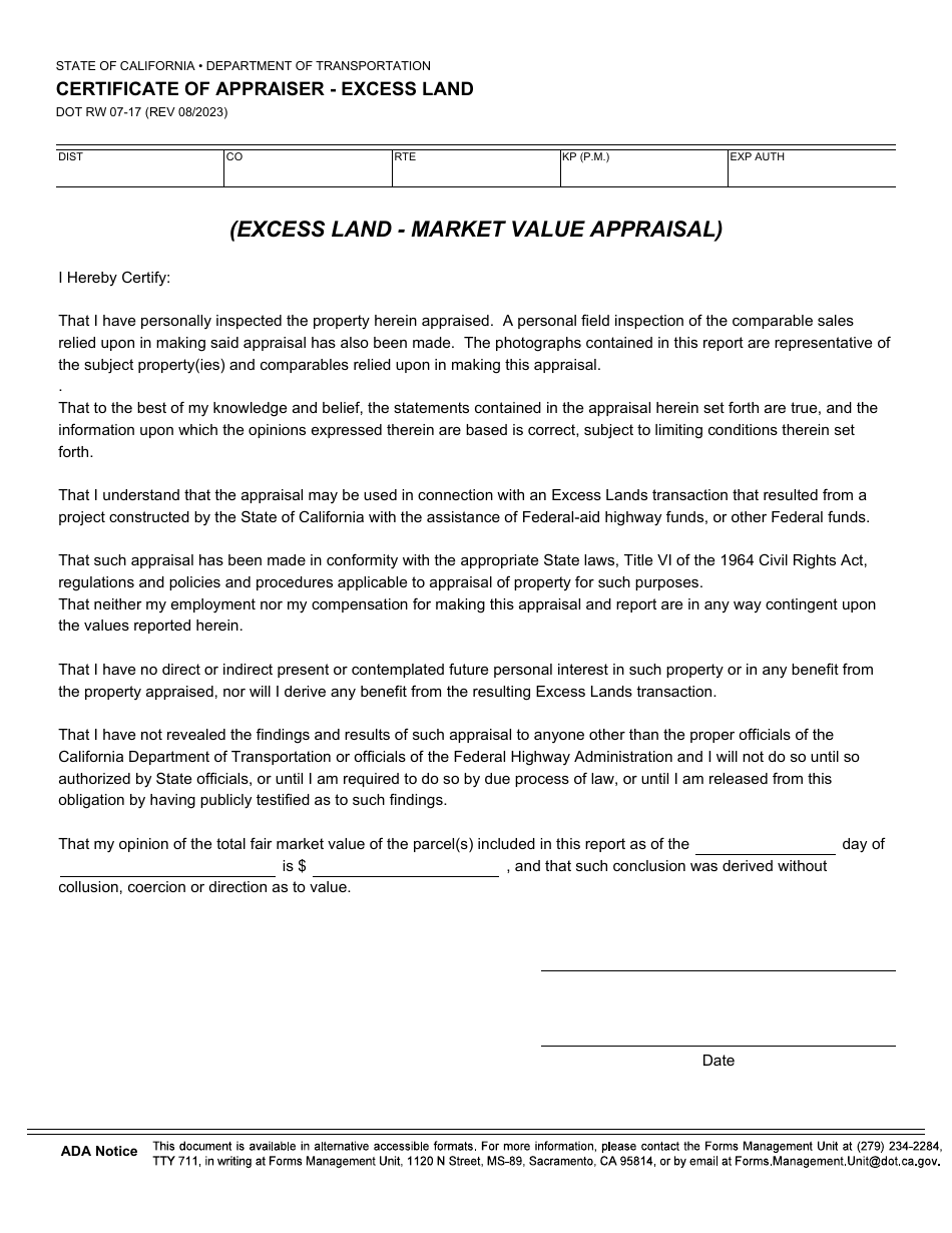 Form RW07-17 Certificate of Appraiser - Excess Land - California, Page 1