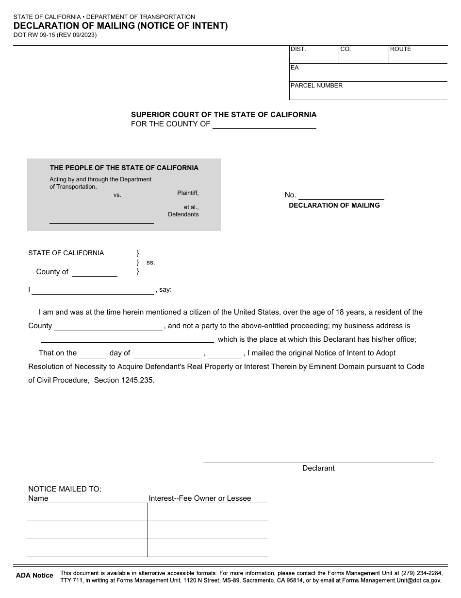 Form RW09-15 Declaration of Mailing (Notice of Intent) - California, Page 1