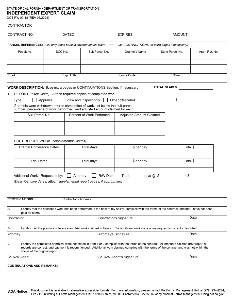 Form RW09-18 Independent Expert Claim - California, Page 1