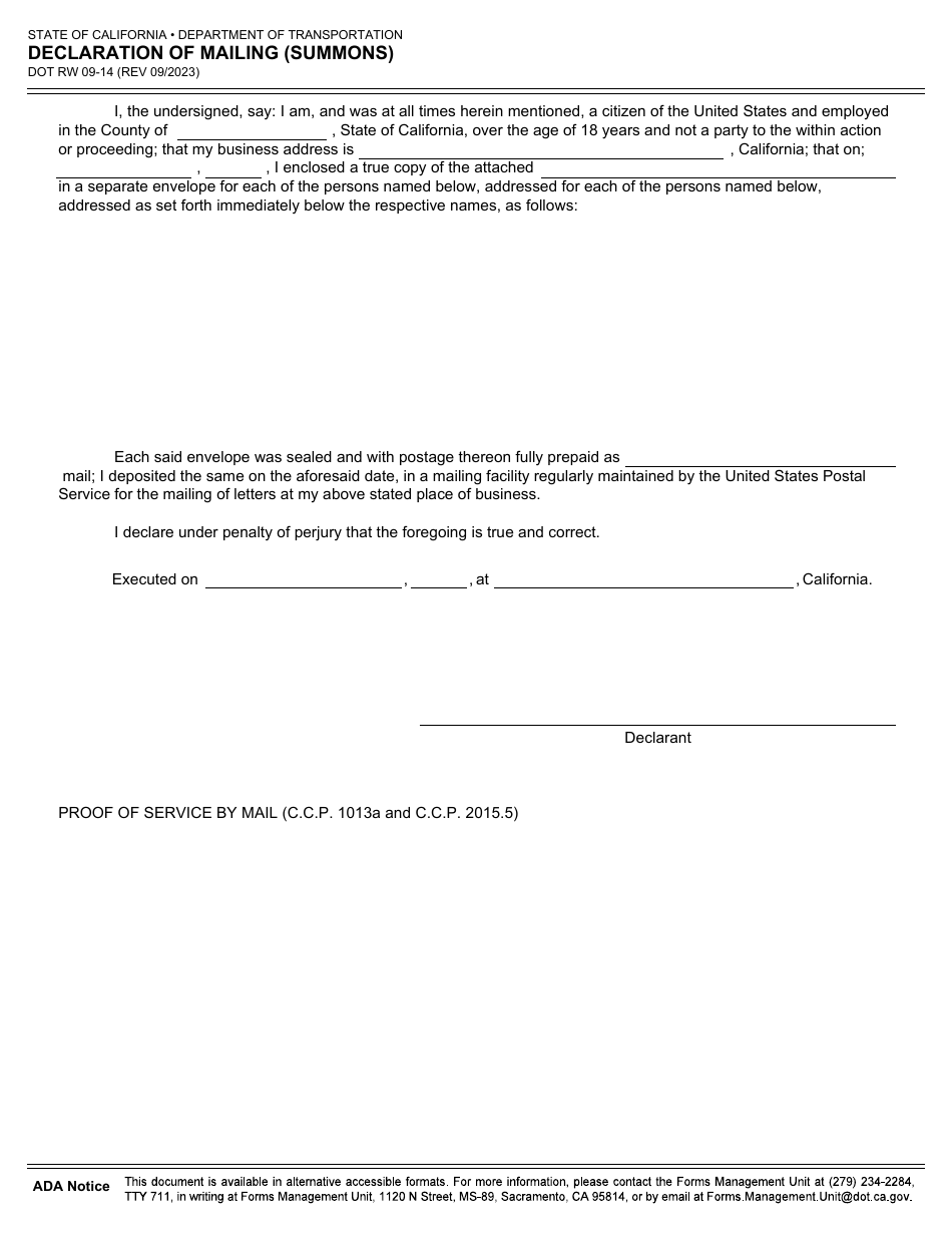 Form RW09-14 Declaration of Mailing (Summons) - California, Page 1