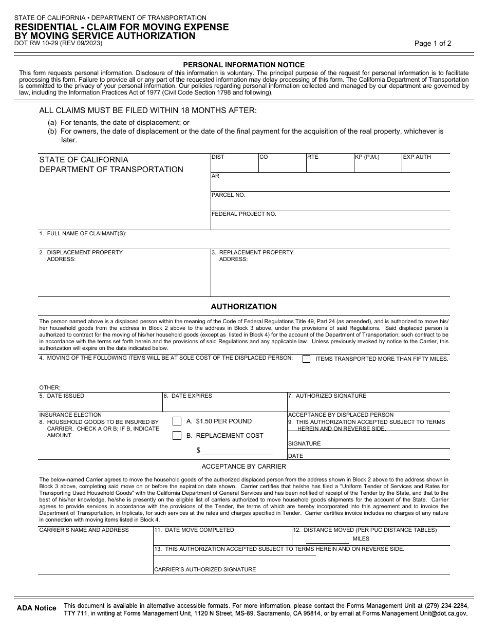 Form RW10-29 Residential - Claim for Moving Expense by Moving Service Authorization - California, Page 1
