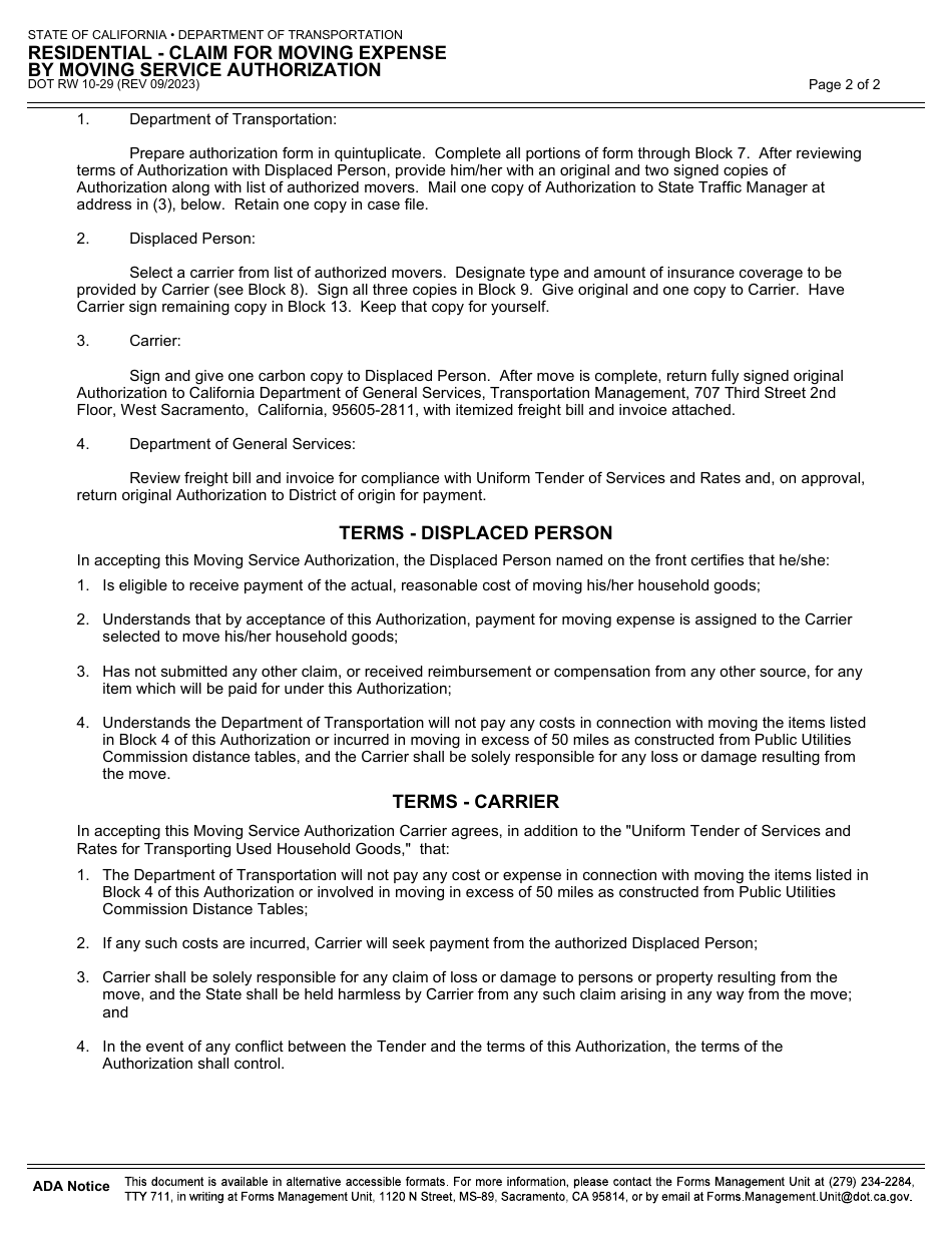 Form RW10-29 Residential - Claim for Moving Expense by Moving Service Authorization - California, Page 2