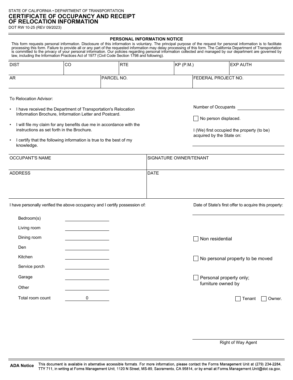Form RW10-25 Certificate of Occupancy and Receipt of Relocation Information - California, Page 1